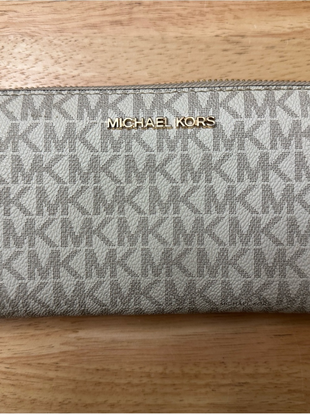 Michael Kors Beige Logo Zip Around Wallet with Gold-Tone Logo
